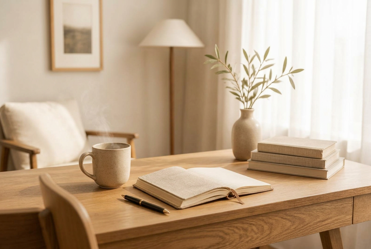 A light oak desk in soft morning light with a ceramic mug, an open linen journal, a fountain pen, a small vase of olive branches, and a few quietly worn linen-bound books