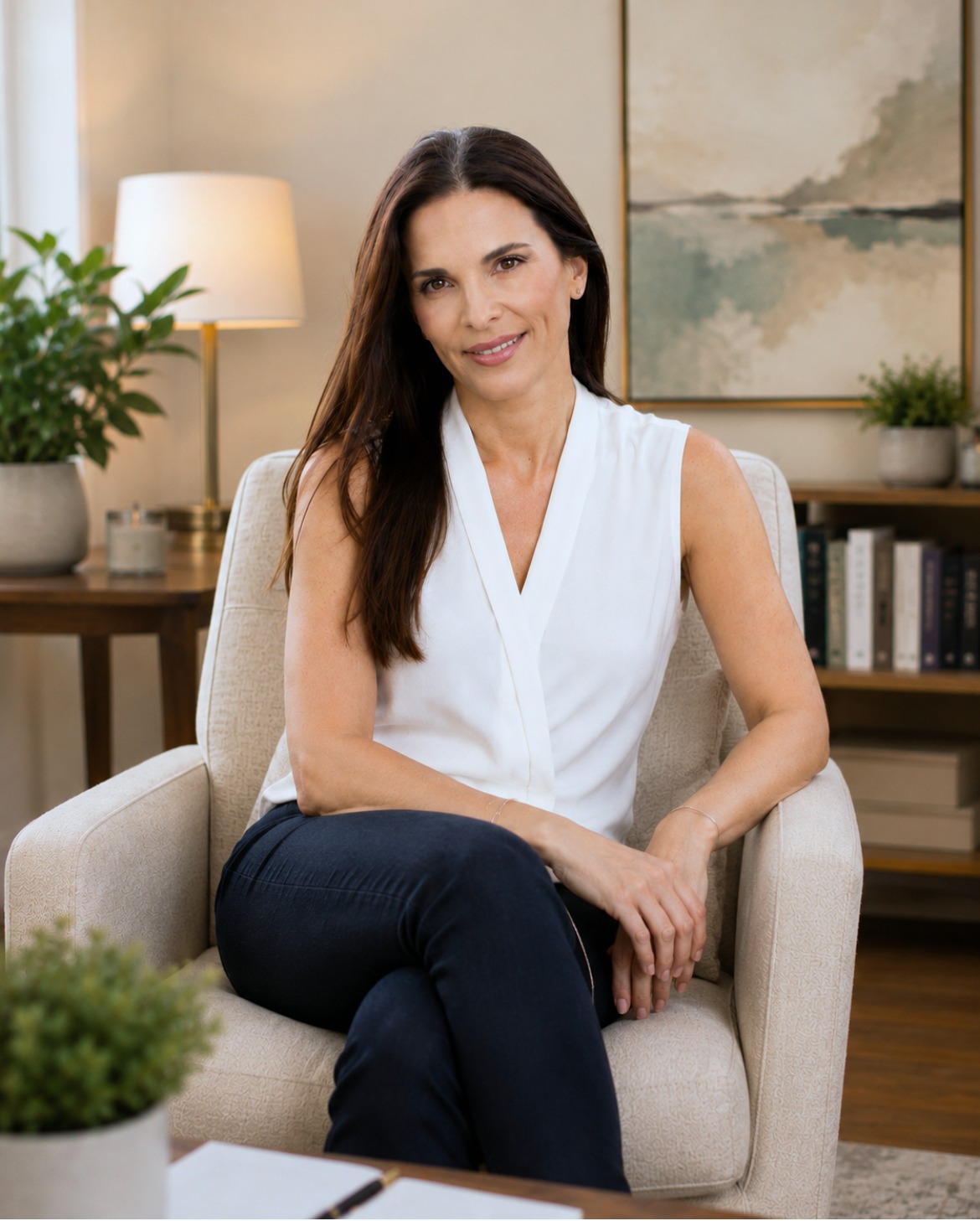 Orly Gueron, psychotherapist, seated at a walnut desk with a notebook in soft natural light