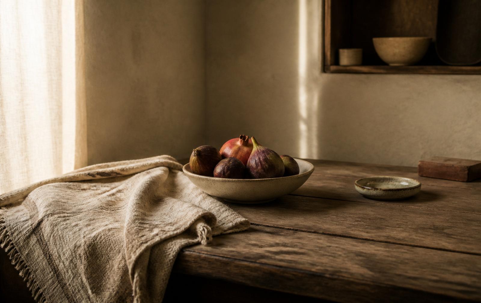 A warmly lit still life of figs and pomegranate in a ceramic bowl on a worn wooden table with handwoven linen