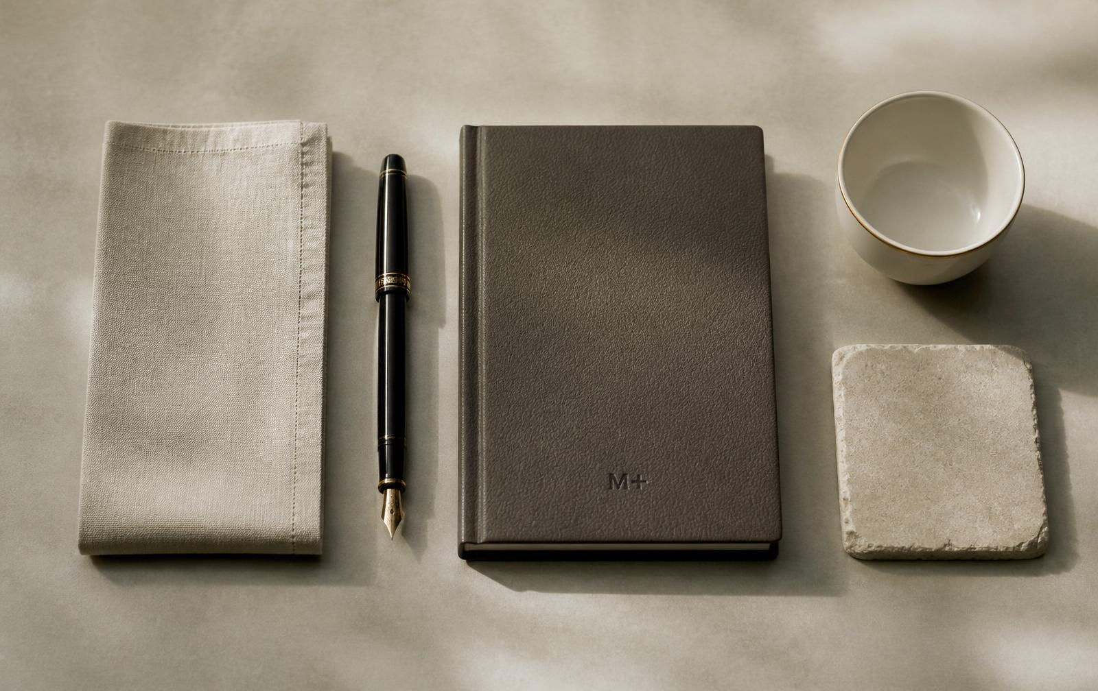 An open journal, fountain pen, and coffee in soft natural light