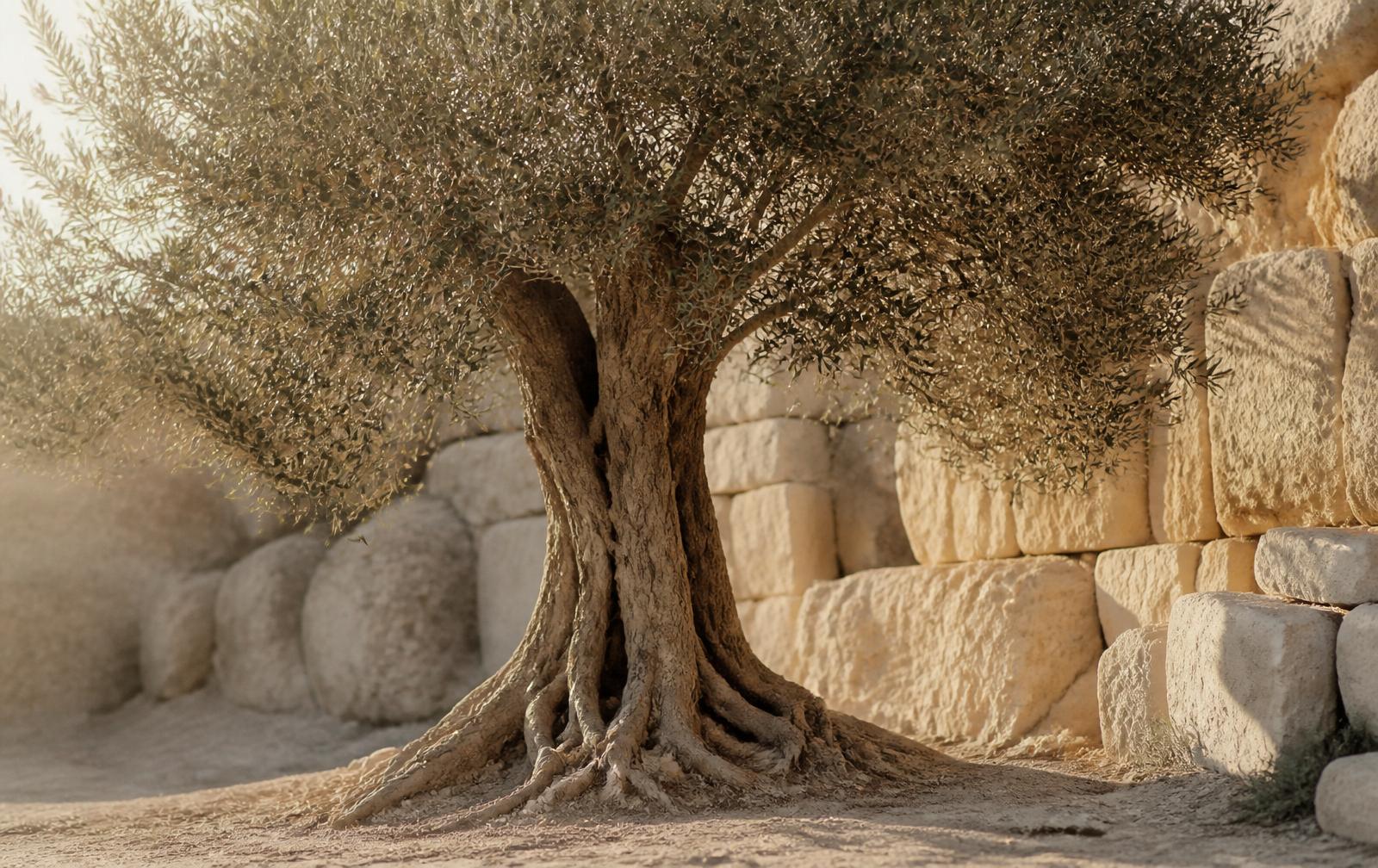 A quiet Mediterranean courtyard with an olive tree and warm sandstone walls