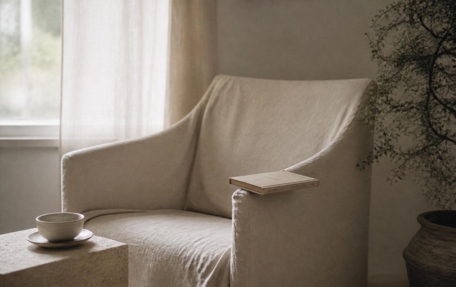 A quiet linen reading chair beside a sunlit window with sheer curtains and an open book