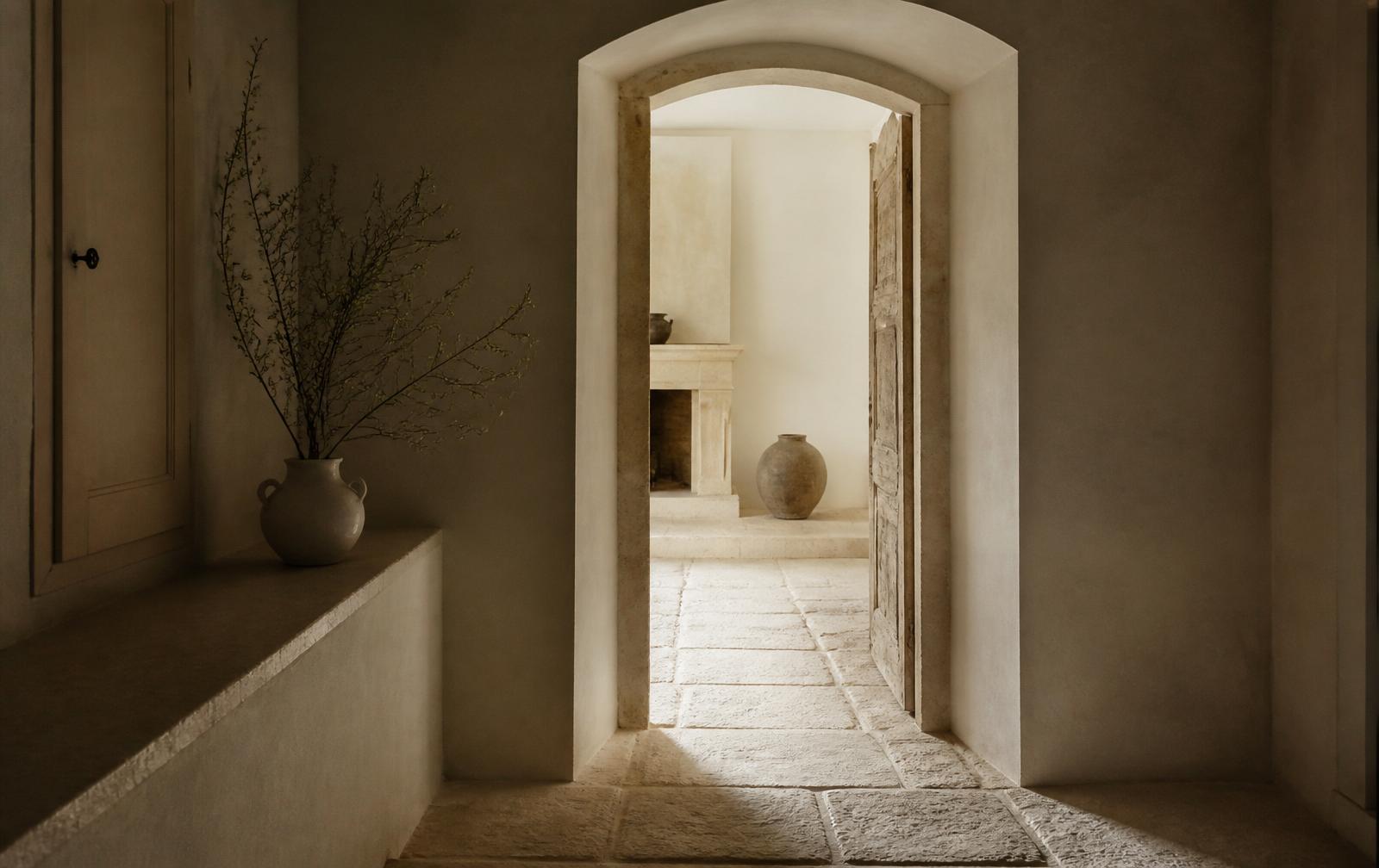 An open doorway in a pale stone wall, light spilling between two rooms