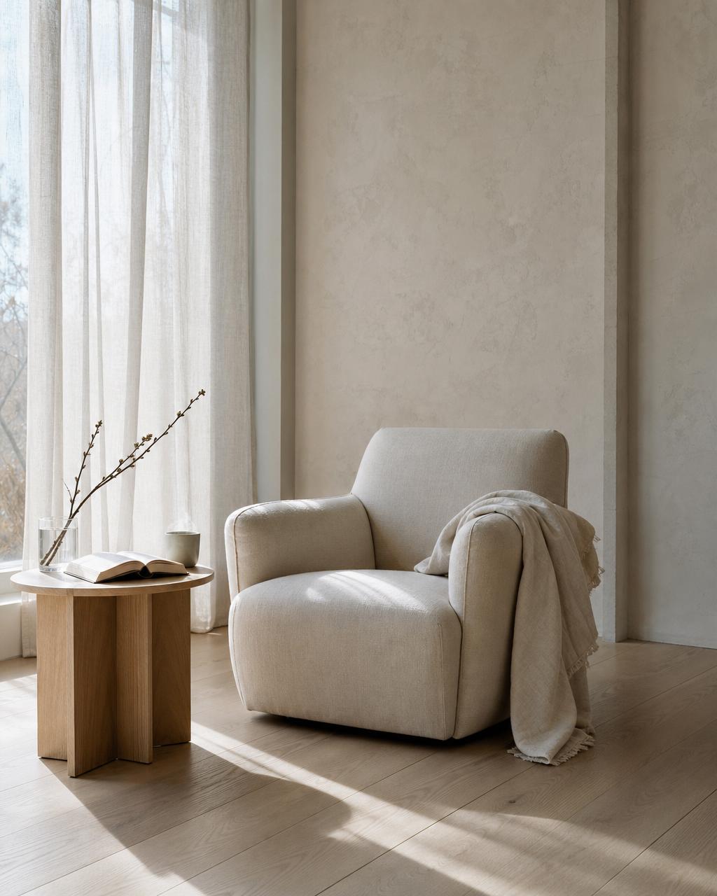 A linen armchair beside a sunlit window with sheer curtains, a small oak table holding a ceramic cup and an open book, in cool morning daylight